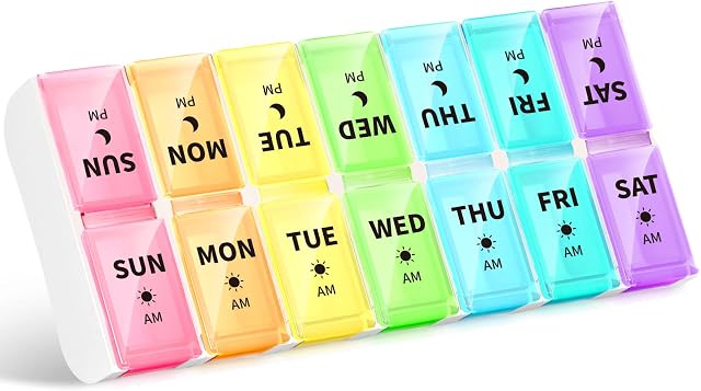 Opret Organisateur hebdomadaire de pilules, petite boîte à pilules 7 Jour 2 Les temps par jour pour AM PM, Organisateur de tablette de voyage portable avec 14 Compartiments amovibles, pour suppléments de vitamines Médicament (multicolore)