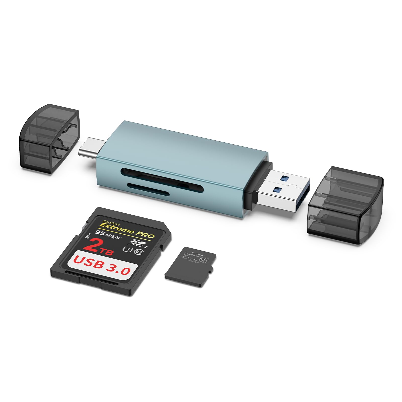 SDカードリーダー タイプc & USB 3.0 2in1 OTG対応 マイクロSDカードリーダー 2枚カード同時読書 5Gbps 高速転送 USB-C USB-Aポート 小型 軽量 2TBまで大容量カードに対応 Android スマートフォン iPhone 17・16・15シリーズ/タブレット/MacBook/Linux/Windows PCに適用(グレー)