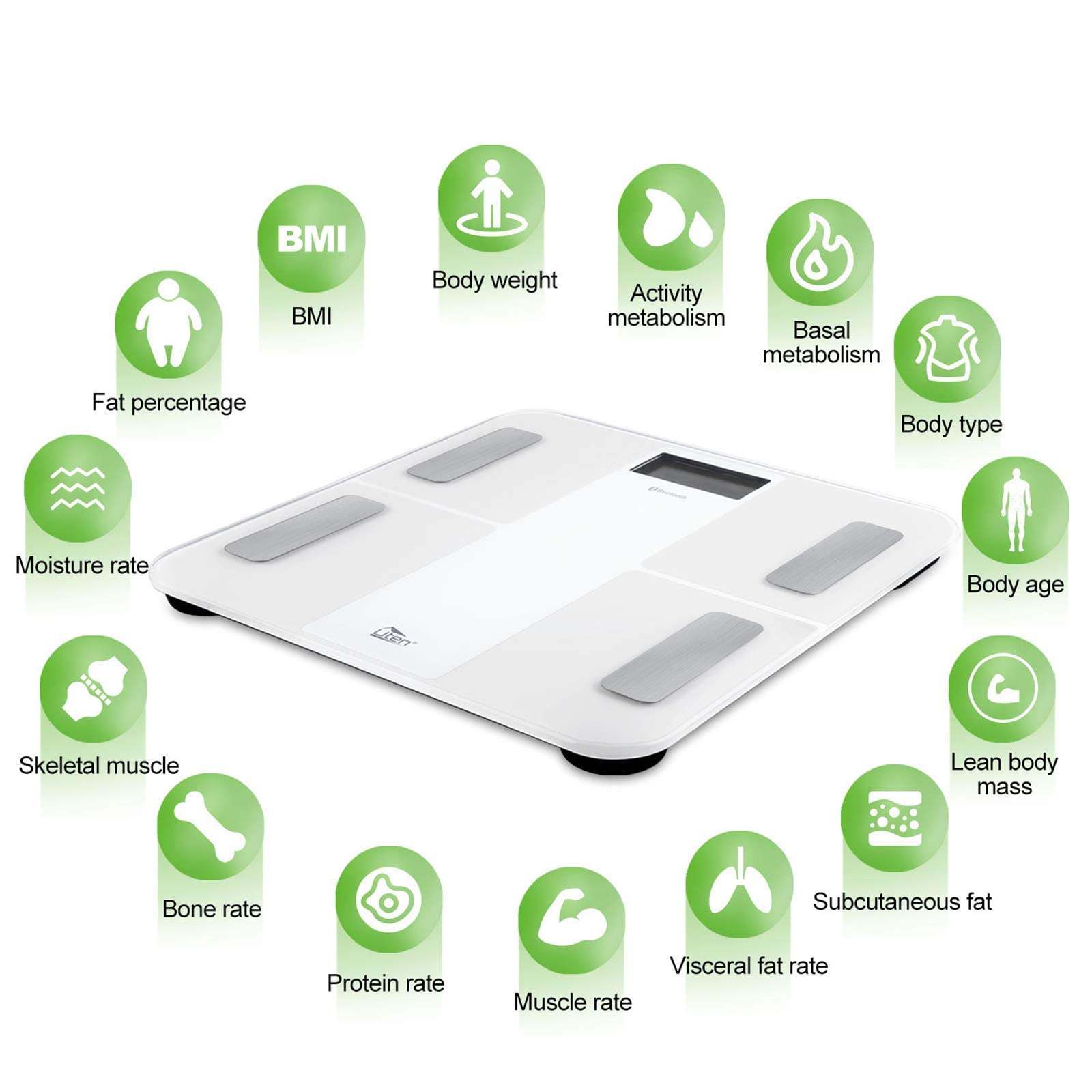 Uten Chargement USB Pèse Personne, Balance Pèse-personne Bluetooth Numérique, Analyseur de Composition Corporelle, écran Rétroéclairé par LED, 180 kg （Blanc）