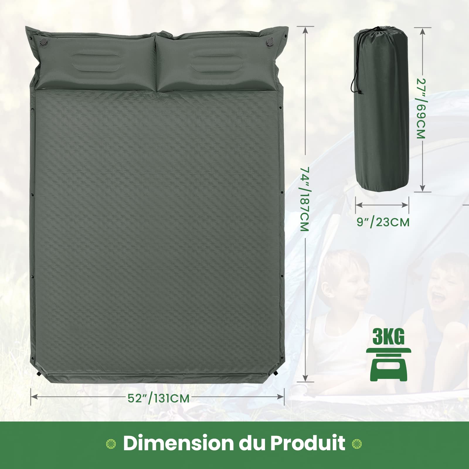 COSTWAY Matelas de Camping Autogonflant 2 Personnes avec 2 Oreillers 187 x 131 x 4 CM et Sac Portable Surface Imperméable en PVC pour Camping/Randonnées/Voyages (Vert)