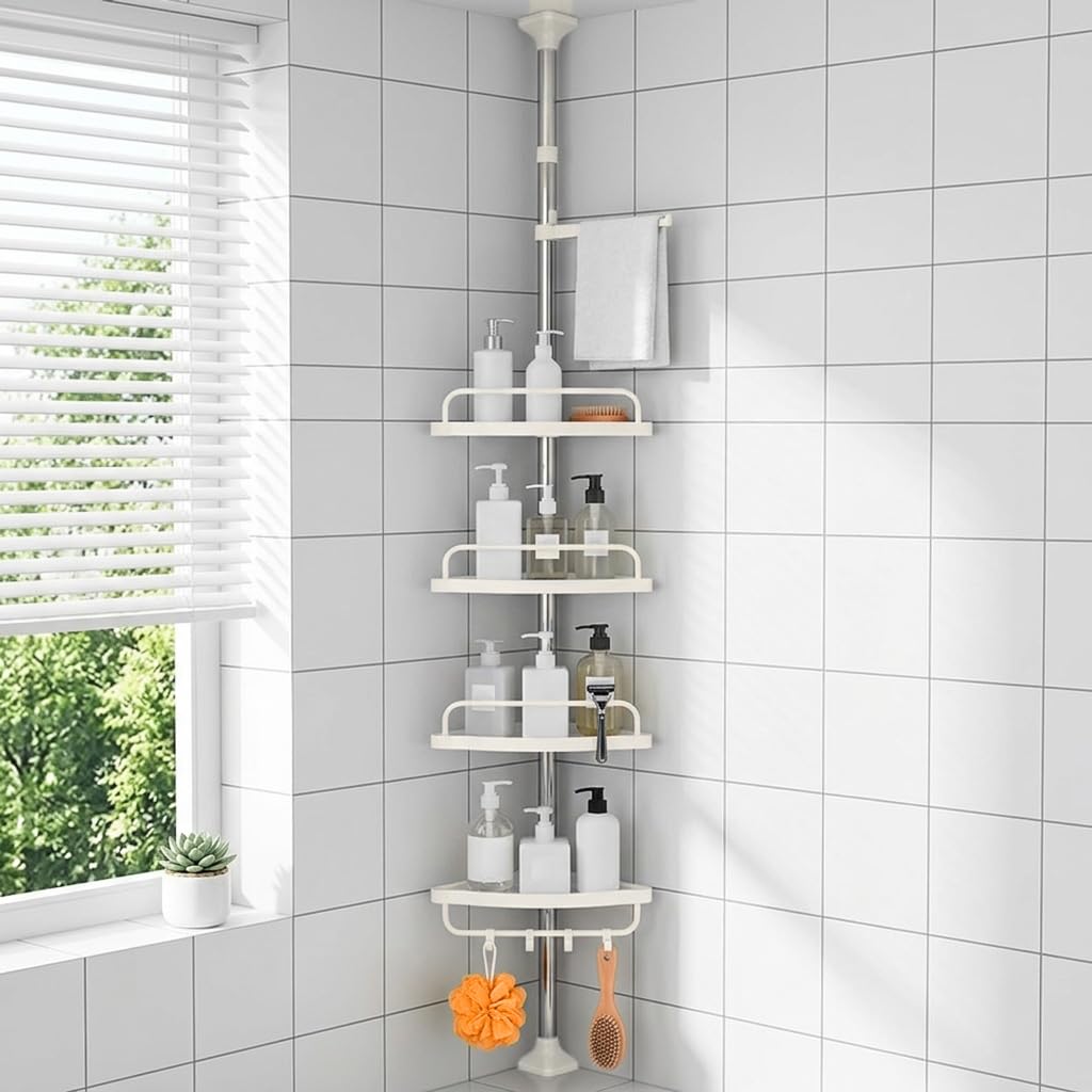 HASTHIP® Telescopic Tension Rod Corner Organizer Stand, 100-260cm Adjustable Bathroom Organiser, Vertical Standing Storage Shelf with 4 Shelfs, No Drill Corner Rack Tension Pole Organizer for Kitchen-image-6