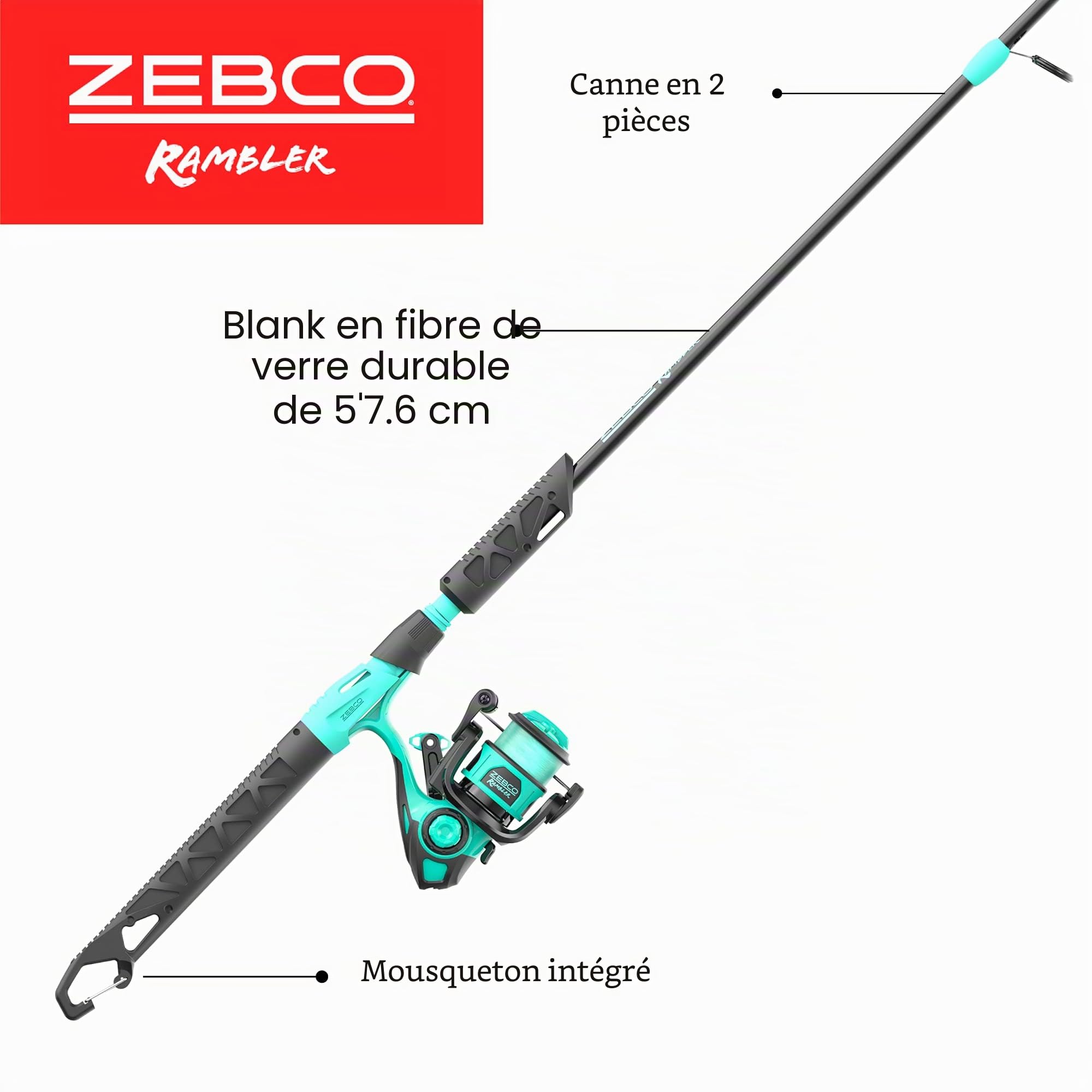 Zebco Rambler Ensemble Moulinet et Canne à pêche, Canne en Fibre de Verre Durable avec Mousqueton intégré, Moulinet breveté Anti-emmêlement, pré-enroulé avec Une Ligne de pêche Zebco 3,6 kg