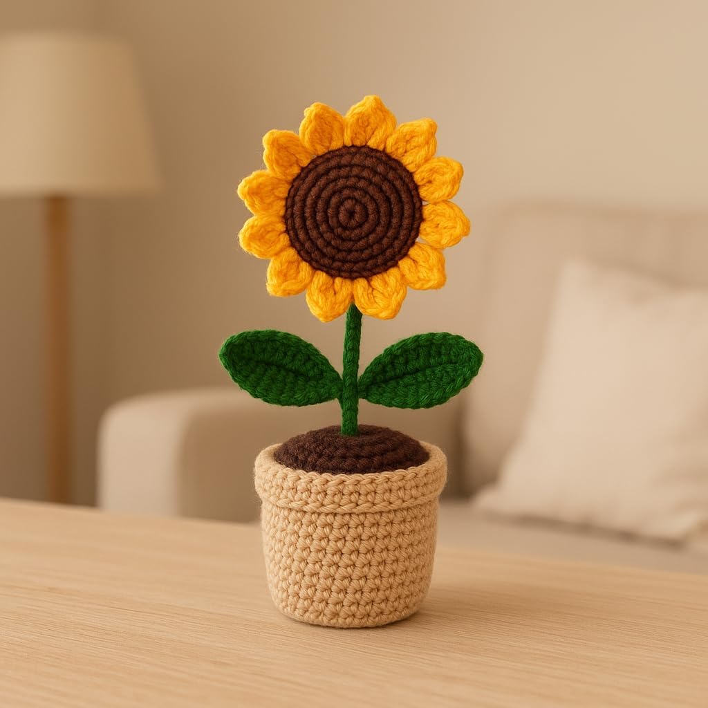 craftelio Handmade Crochet Sunflower Pot – Eco-Friendly Knitted Flower Plant for Home, Office & Gifts (White)-picture-53