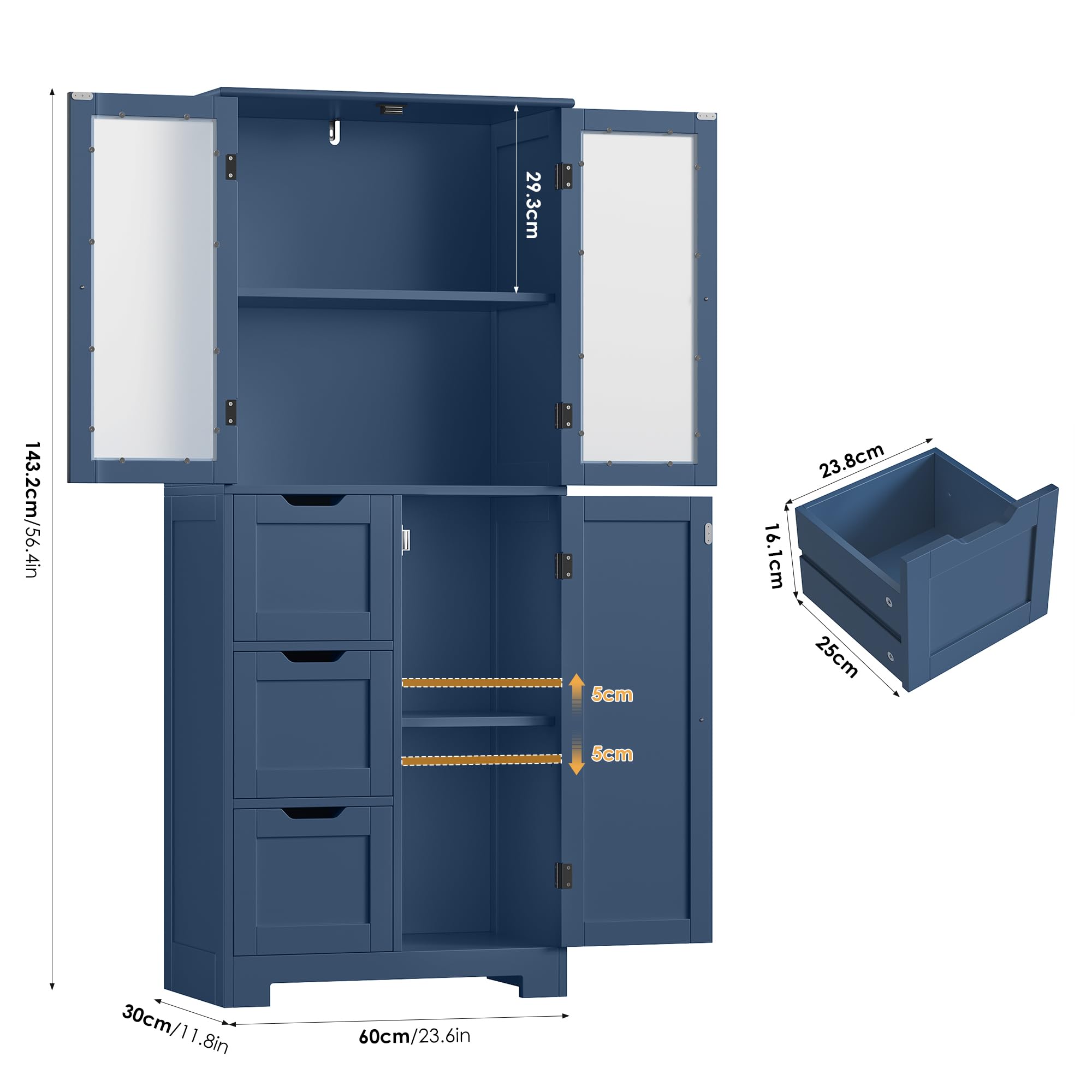 HOCSOK Badezimmerschrank, Badschrank Hochschrank mit 3 Schubladen, Dunkelblau