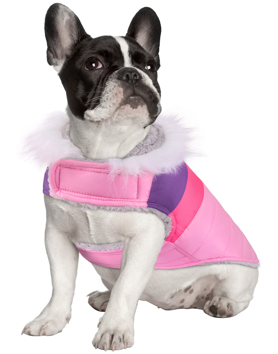 HDE Chaqueta acolchada para perros con forro polar cálido parka para perros abrigo de invierno con agujero de arnés, rayas rosas - S