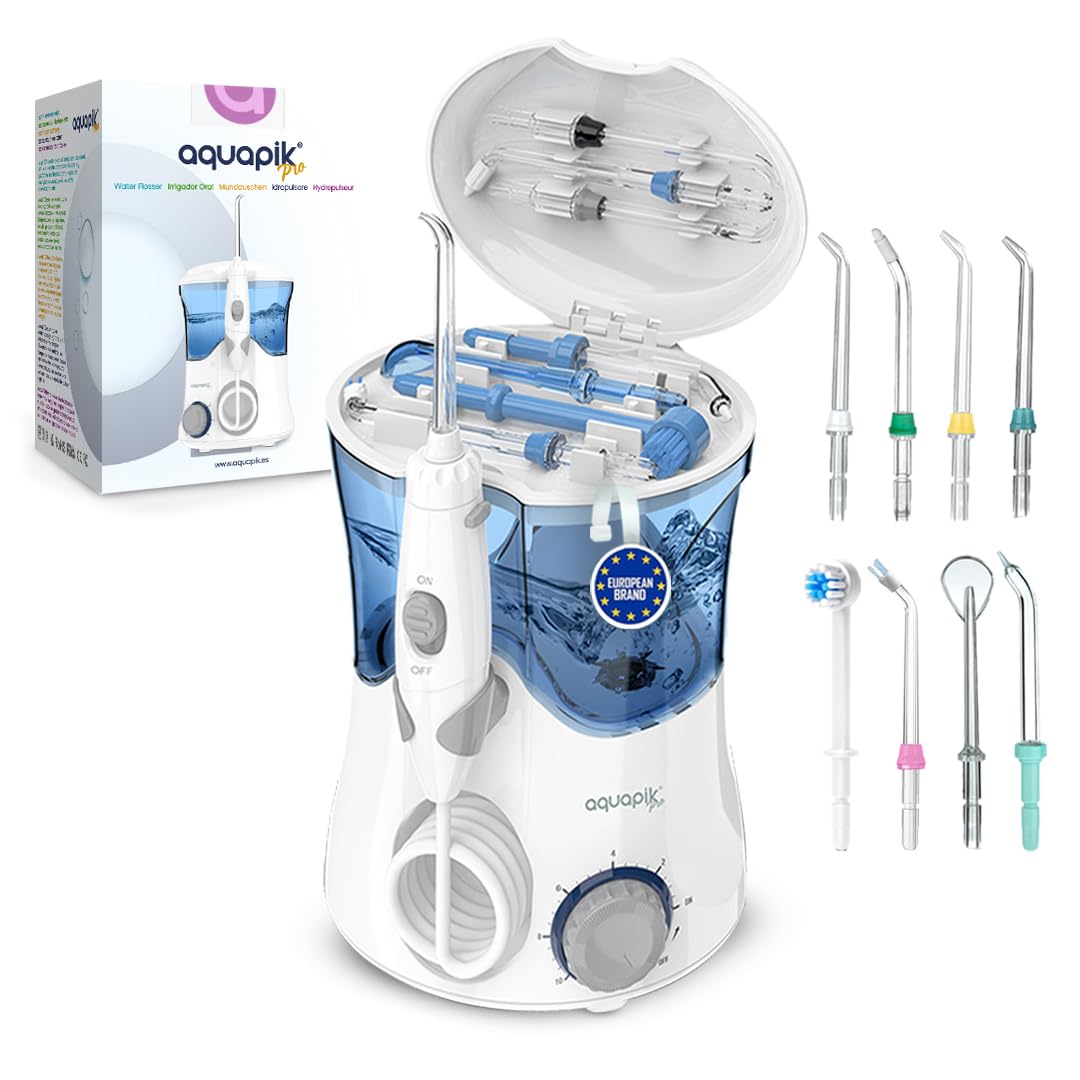 Idropulsore Dentale Aquapik PRO | Irrigatore Orale Professionale 10 Livelli Pressione | Idropulsore Dentale Elettrico con 8 Ugelli + 600 ml Impermeabile (Bianco)