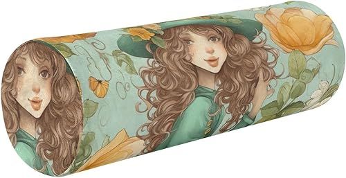 Wassud Girl in A Hat and Flowers - Almohada cervical redonda para el cuello, almohada extraíble de espuma viscoelástica para dormir, soporte para