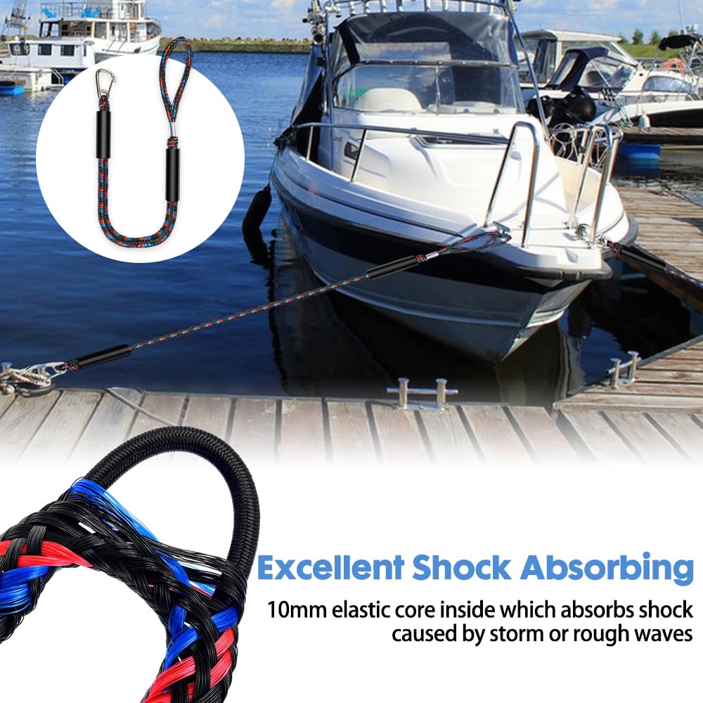 2 Pcs Cavi per Ormeggio barca, Bungee Dock Line con Gancio, Cravatta Elastica per Barche, Kayak, Pontone, Canoa (Nero + Blu + Rosso)