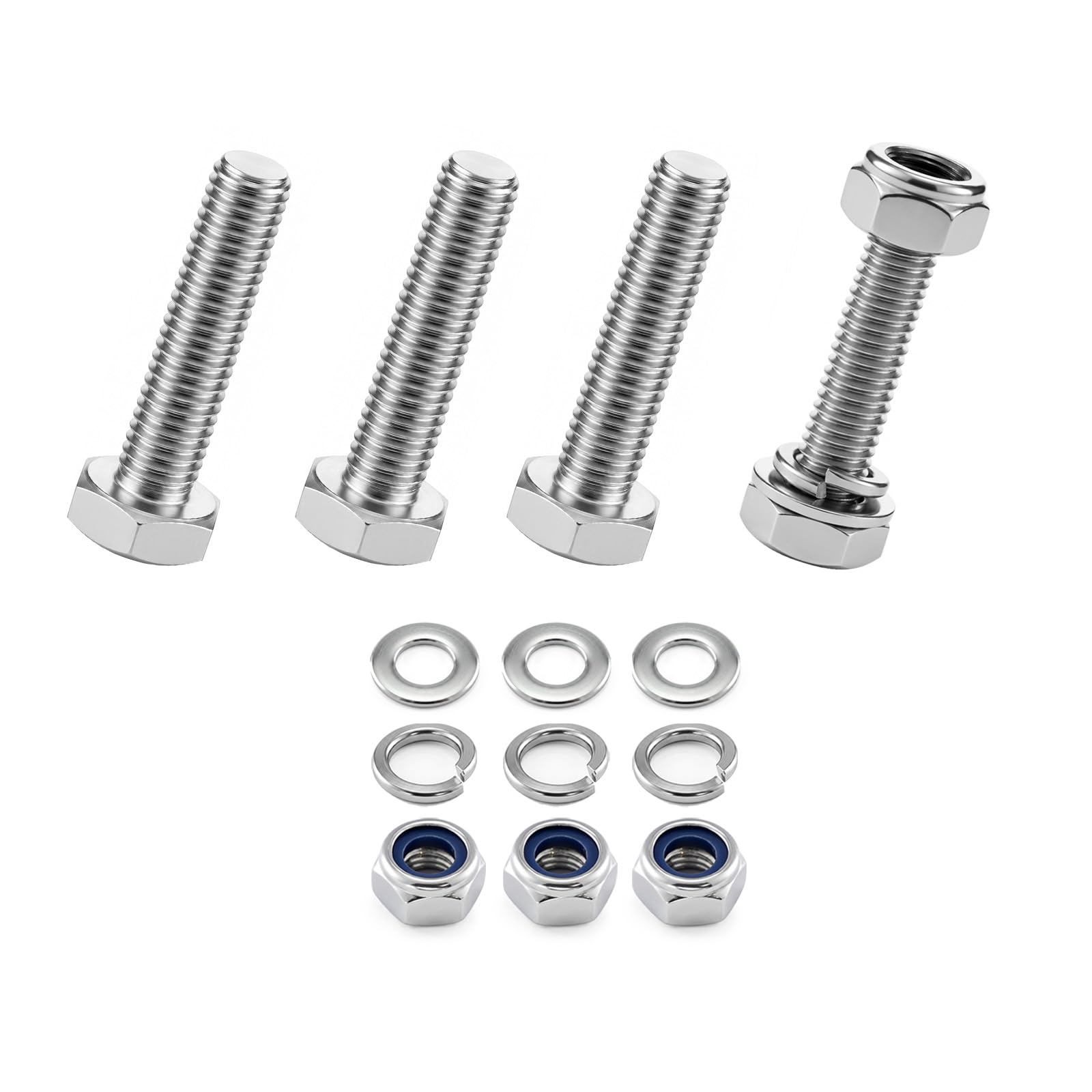 4-Pack M10 x 45mm 304 Stainless Steel Hex Head Bolts with Nylon Nuts and Flat Washers, Fully Threaded DIN 933 Metric Bolt Kit for Construction, Automotive, Furniture, Machinery & 3D Printing