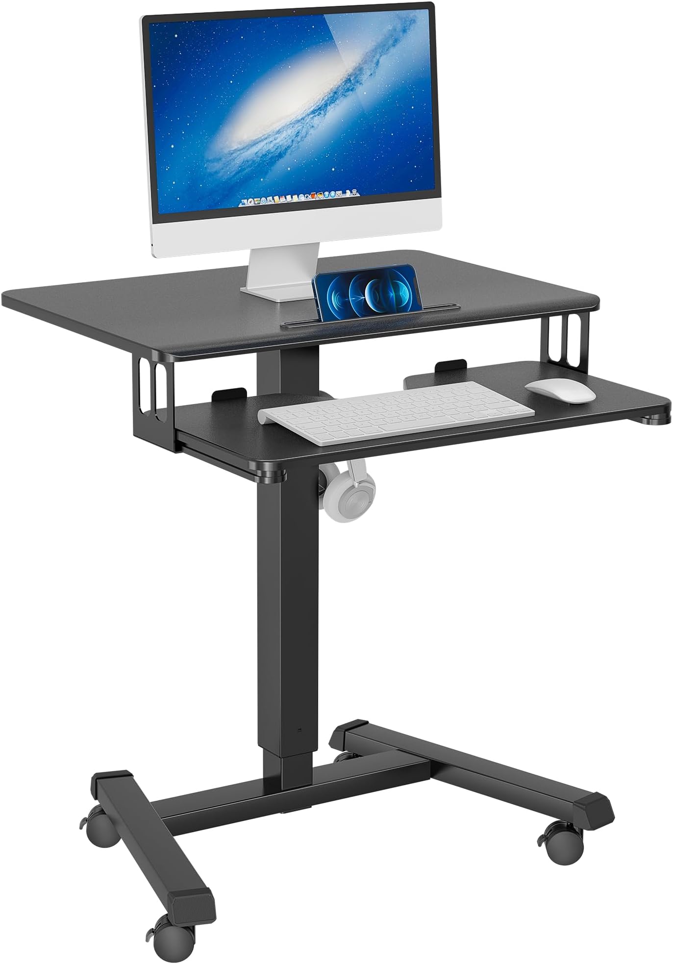 BONTEC 65×45cm Two-Tier Mobile Computer Workstation, Height Adjustable Desk with 4 Rolling Castors, Laptop Stand on Wheels, Portable Side Table for Home Office, Living Room, Bedroom