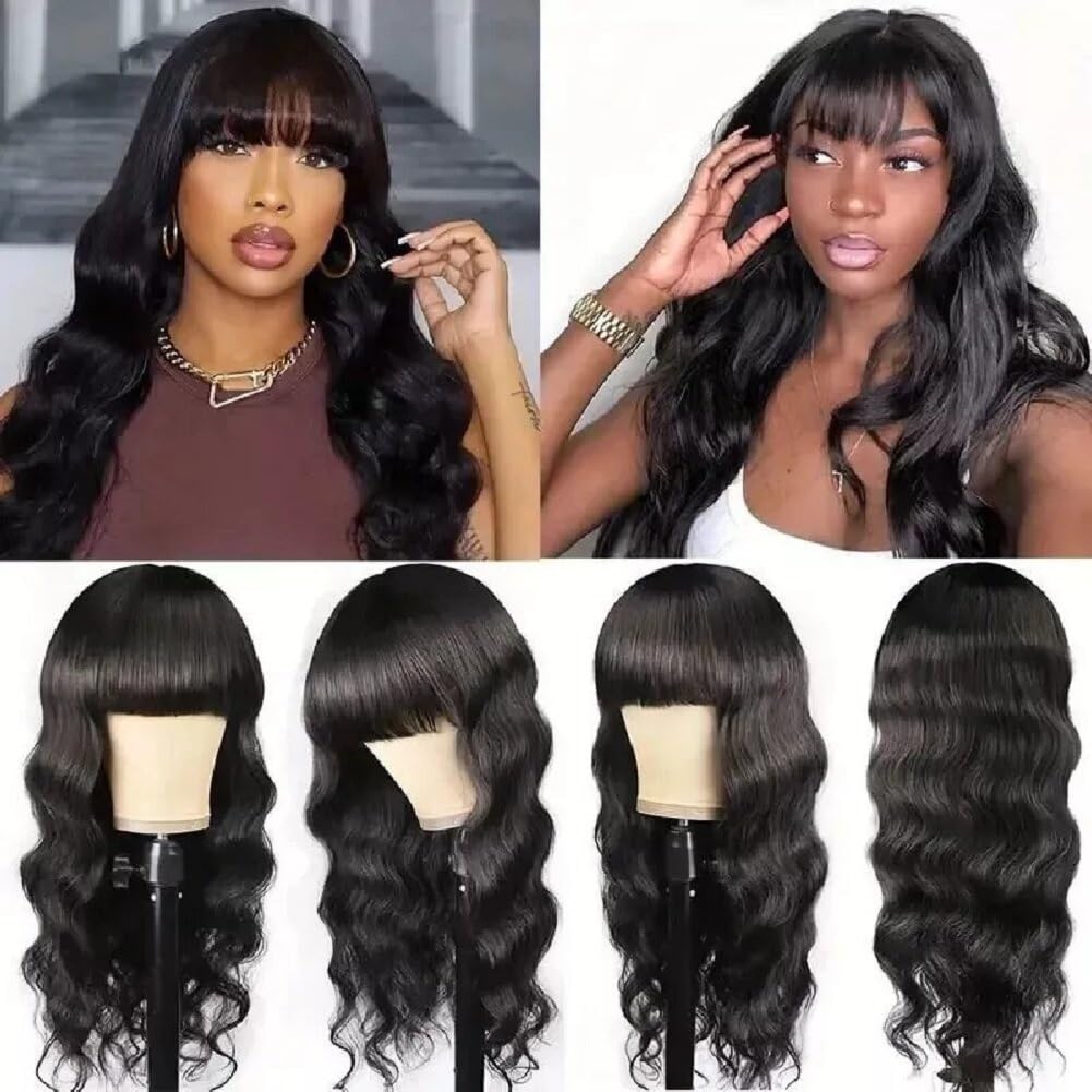 Pelucas Mujer Pelo Natural Humano 20 Pulgadas(50cm) Peluca Body Wave de Cabello Humano con Flequillo Frontal sin Encaje y sin Pegamento Densidad 180% Negro Natural para Mujer