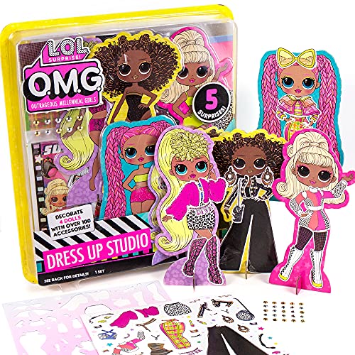 L.O.L. Surprise! O.M.G. Dress-Up Studio by Horizon Group USA, Double Feature Series, Dress-Up 4 O.M.G. Chipboard Dolls with Fabric & Repositionable Stickers, Includes Runway Play Scene & 5 Surprises