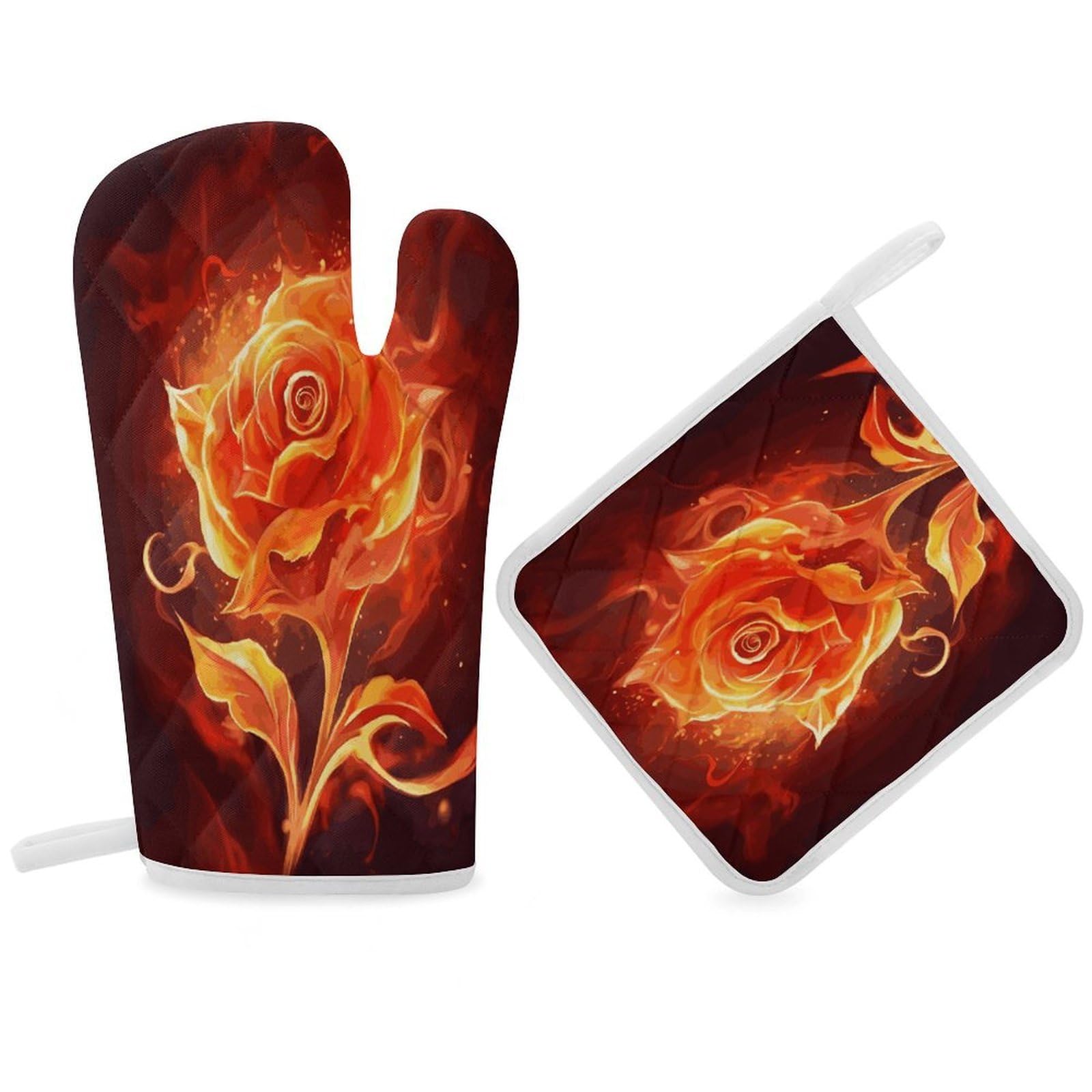 Fodpand Women's Style Flame Rose Oven Mitts And Pot Holders Sets,Oven Gloves For Kitchen Oven Mitts And Potholders For Baking Cooking Grilling Apartment Essentials
