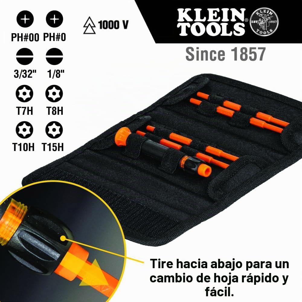 Klein Tools 32584INSR | Juego destornilladores de precisión aislados 8-en-1 con estuche | Aislamiento 1000 V | Puntas intercambiables | Mango Cushion-Grip