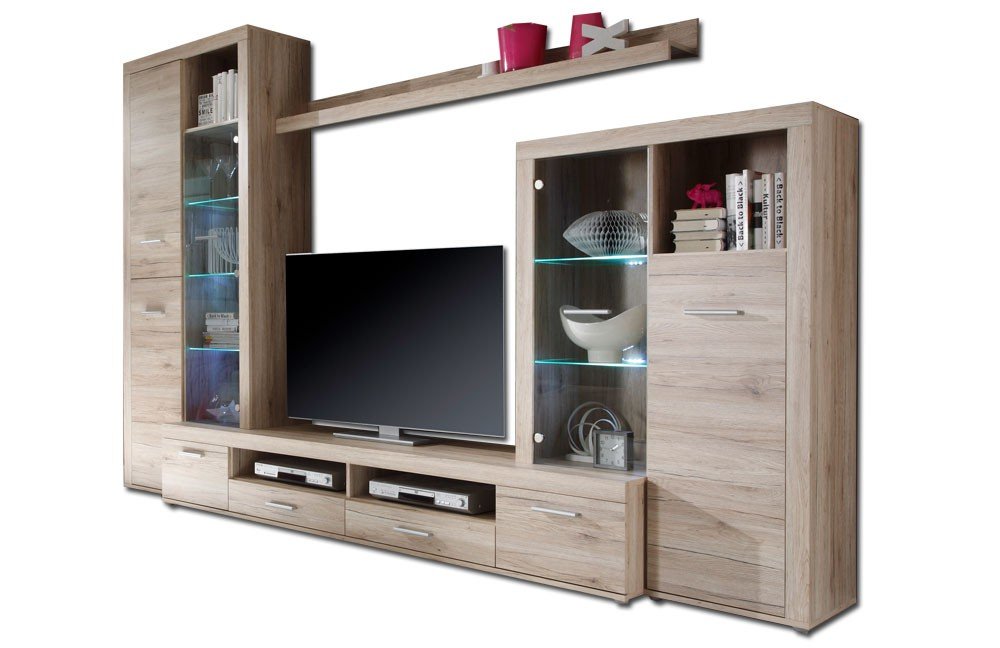 AVANTI TRENDSTORE - Festivo - Parete da soggiorno in laminato di quercia San Remo, Illuminazione LED compresa, Dimensioni: LAP 310x204x46 cm
