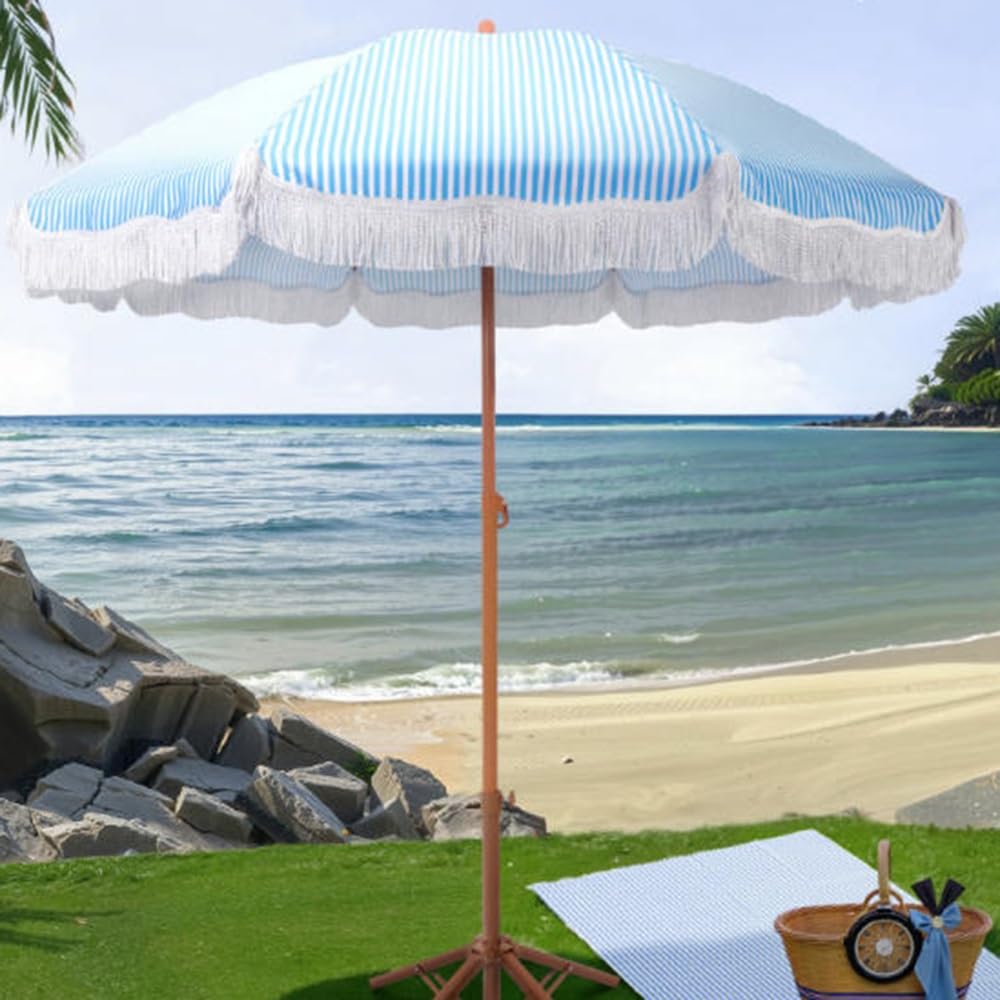 Ombrellone Da Giardino Con Frange Ombrellone Da Esterno Inclinabile | Piccolo Ombrellone Da Spiaggia Impermeabile 200cm Ombrellone Da Mercato Altezza Regolabile
