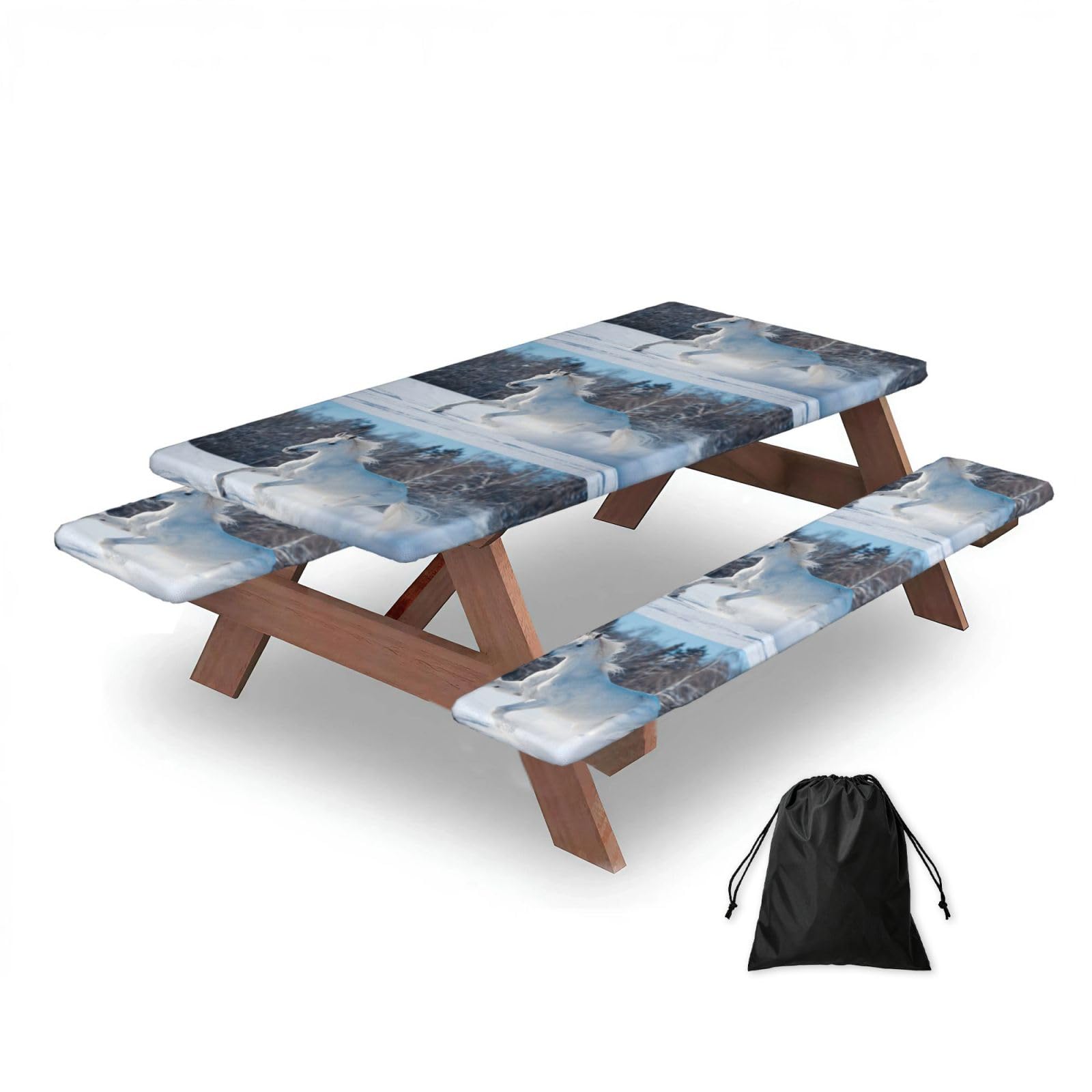 White Horse In Winter, Picnic Table Cover With Bench Covers -Waterproof Elastic Fitted Tablecloth for Garden Camping Patio 76x152cm