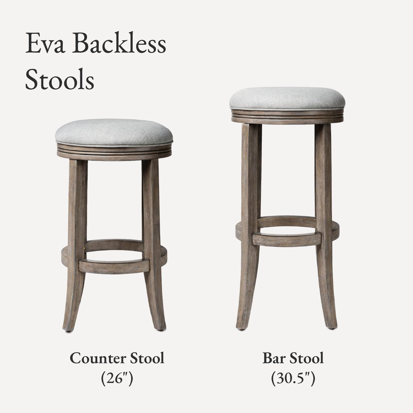 Maven Lane Eva Bar Stool 31 Inches – Round Swivel Stool with Footrest – Grey Solid Wood and Grey Fabric Upholstery – Ideal for Bars, Pubs, and Tall Kitchen Counters