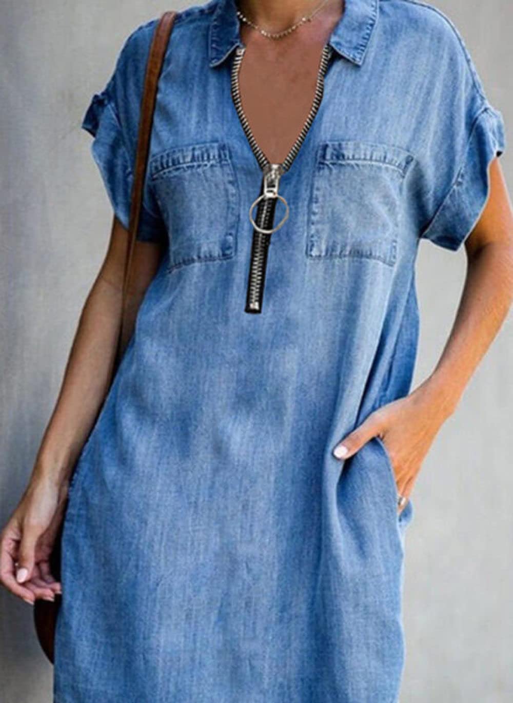 Dress Dames,Dames Spijkerjurk Modieus Donkerblauw Korte Mouw Rits V-Hals Mini-Jurk Casual Los Gebogen Shirtjurk Vintage Wassing Zomer Jean-Jurk Met Zak Voor Dames Meisjes Xl