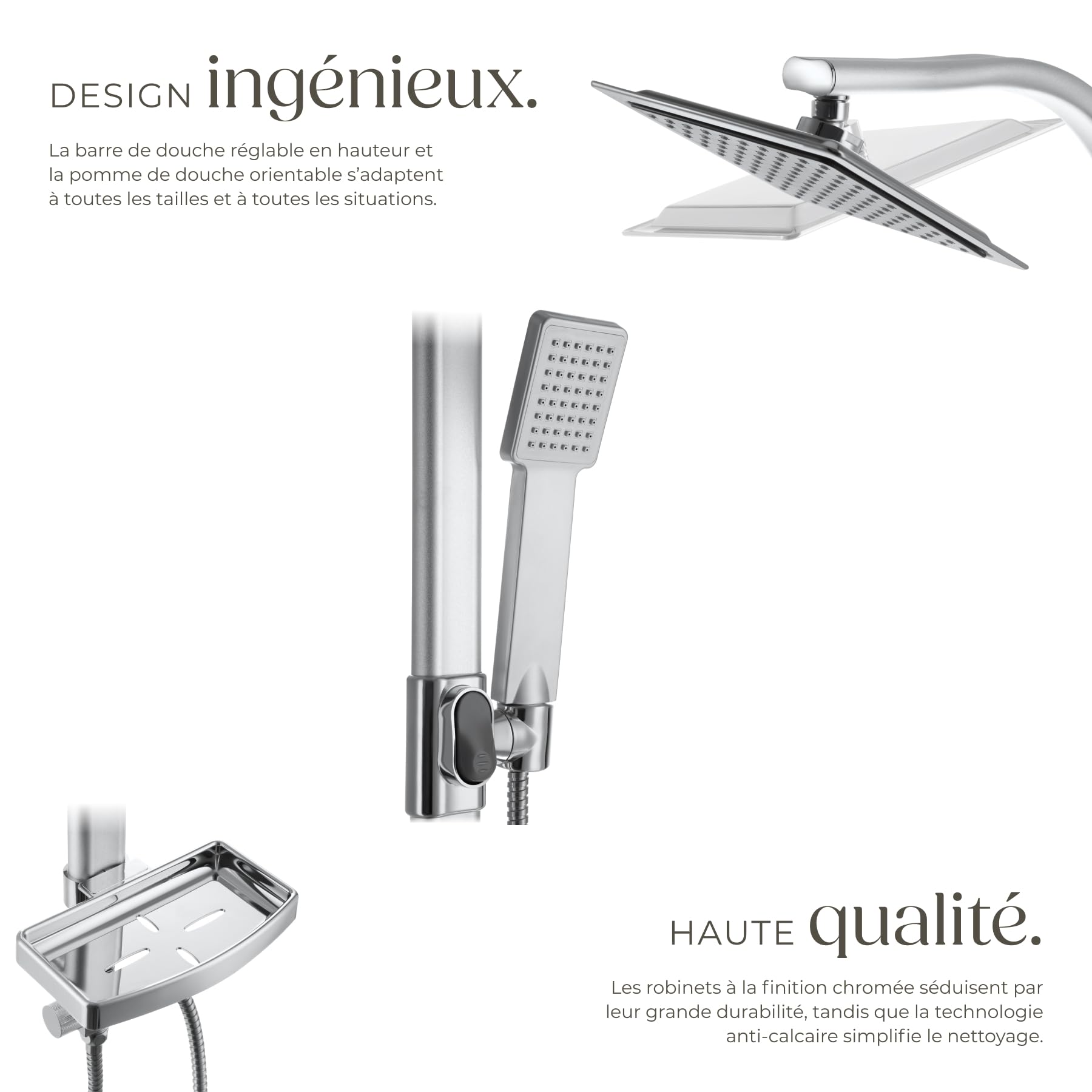 tectake® Colonne de douche 49 x 20 x 110 cm, Colonne salle de bain en Aluminium, Tete de douche et Douchette, Anti calcaire, Pommeau de douche, Effet pluie, Raccordements DIN, Baignoire, Salle de bain