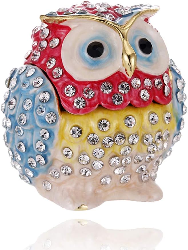 Vie jeune Hand Painted Wise Owl Trinket Box, Hinged Enameled Jewelry Box, Unique Mini Ring Earrings Jewelry Organizer, Vintage Bejeweled Storage, Figurine Collectible Keepsake Home Decor (Wise Owl)