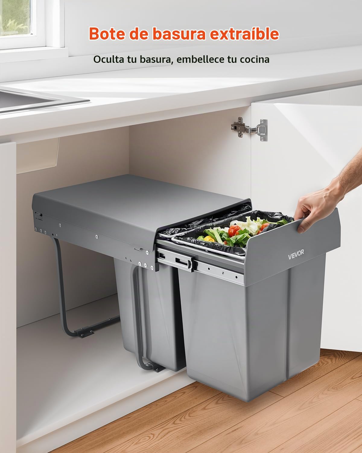 VEVOR Cubo de Basura Extraíble para Armarios Cocina, 20+10+10 L, Doble bajo Fregadero, para Reciclaje, con Sistema Deslizante de Extensión Completa de Metal Resistente y Asa, 492 x 340 x 430 mm