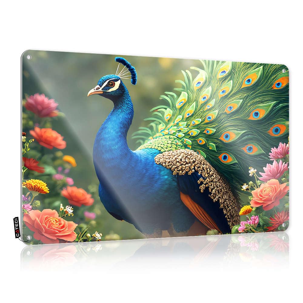 Fzfn Colour Poster Stitch Room Decor Wall Decor | A Majestic Peacock With Vibrant Plumage Stands Amidst A Colorful Floral Garden Beautiful For Country Bar Home(20X30cm)
