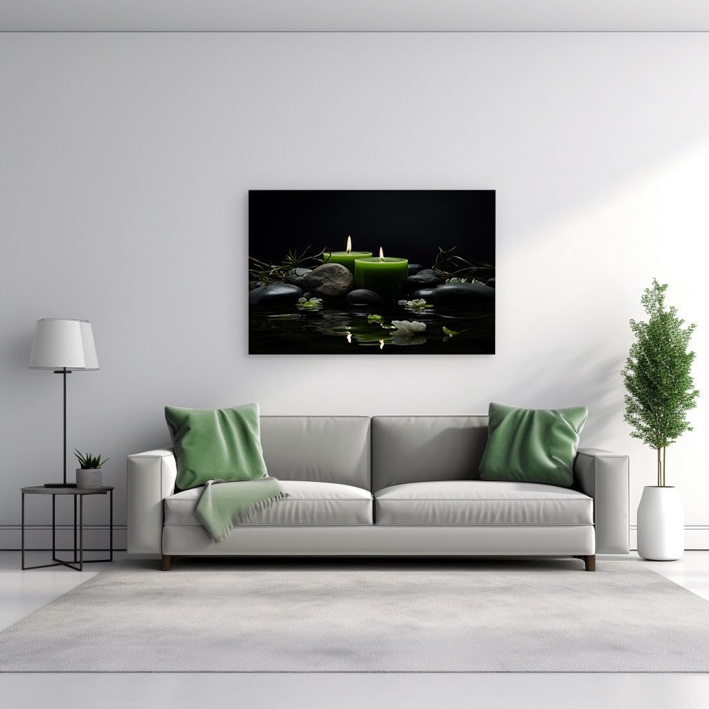 Canvas for Living room. Enlightened Serenity: Illuminating Calm with Green Candles and Dark Stones, 27 x 18 inch Canvas Wall Art - Contemporary Masterpieces - Modern Home Decor - 69x46 cm (27x18 inch)