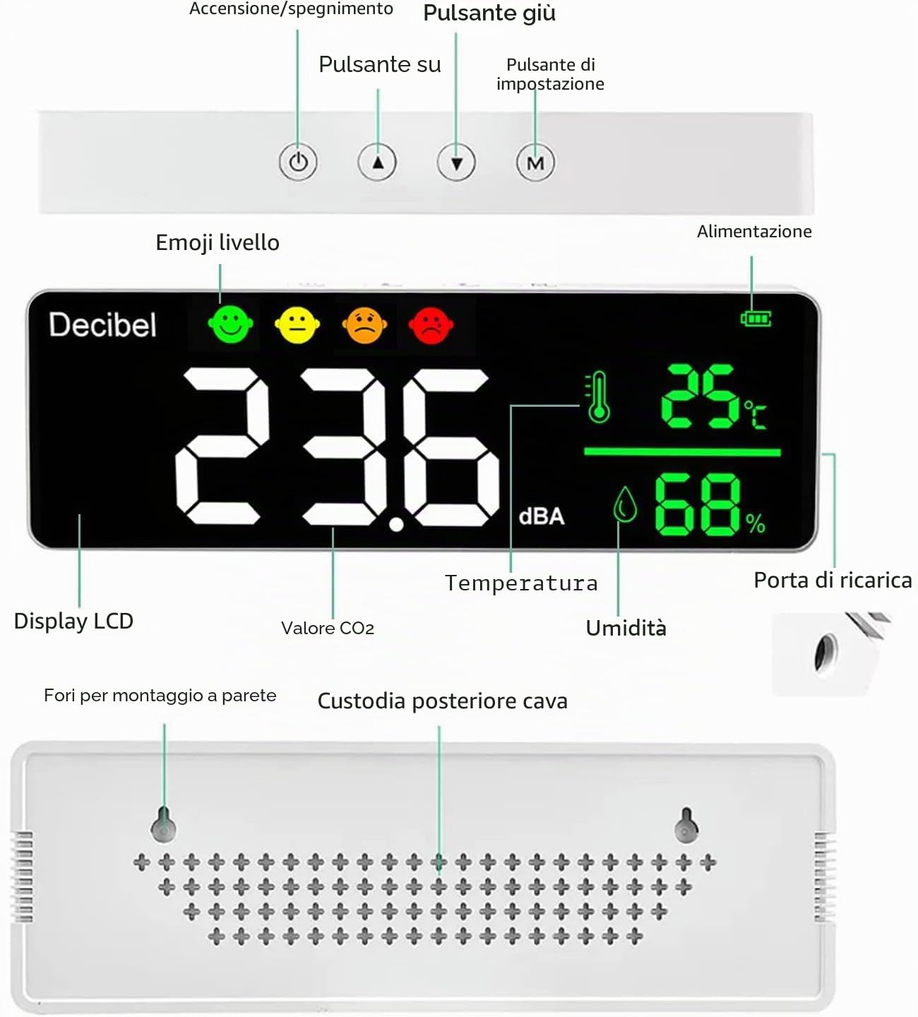 Misuratore digitale decibel db, rilevatore di rumore intelligente con indicatore LED, indicatore di rumore, temperatura decibel con registrazione umidità 30-130 dB gamma rumore decibel metro