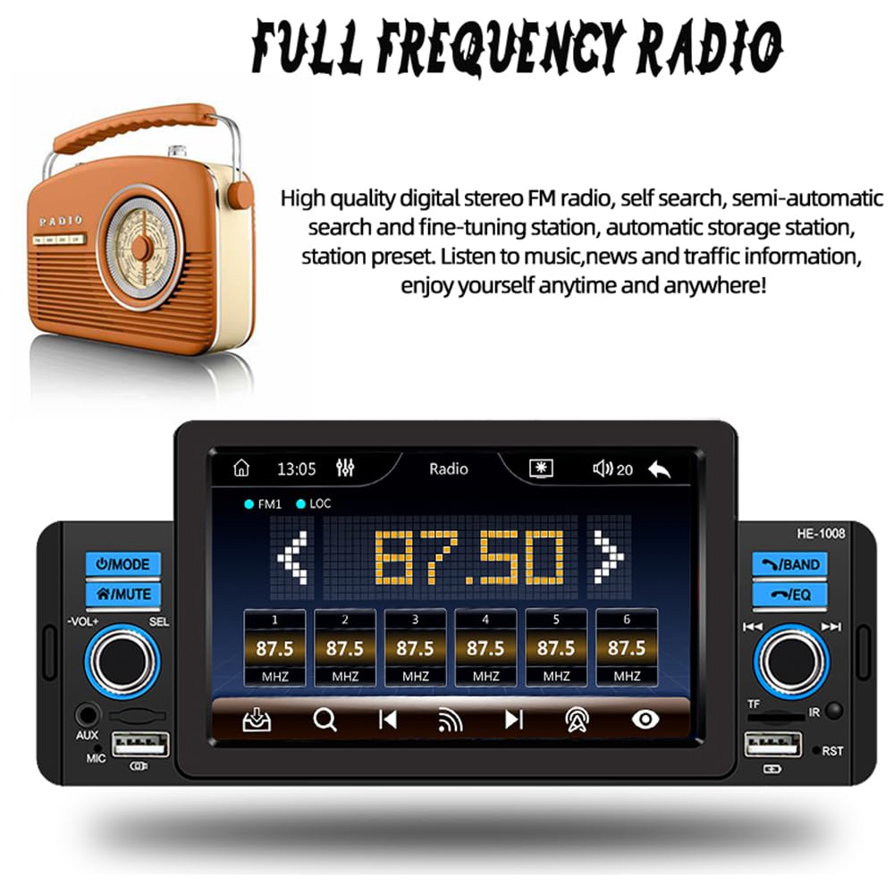 Radio para coche de 1 Din y 5 pulgadas para Carplay y Android Auto, reproductor Mp5 para coche con pantalla táctil, Mirror Link, BT/SD/USB/Aux, cámara de visión trasera de 4 LED, control remoto
