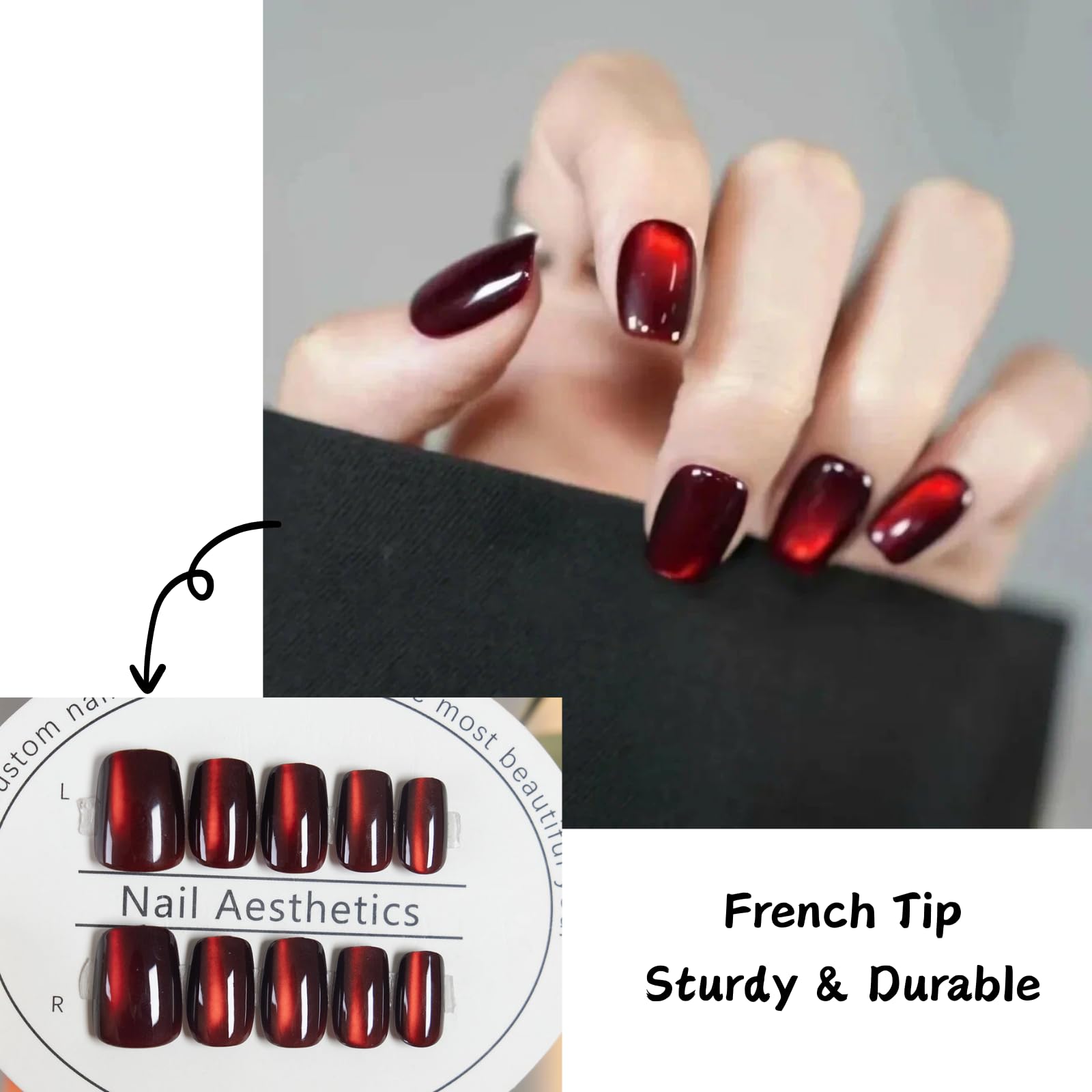 Cat Eye Press on Nails Short Coffin Shape,24PC Ruby Red Cat Eye False Nails with Acrylic Nails Texture,Easy Application Sparkly Glitter Nail Press-On for Women,Reusable Fake Nails(Ruby Red) - Image 2