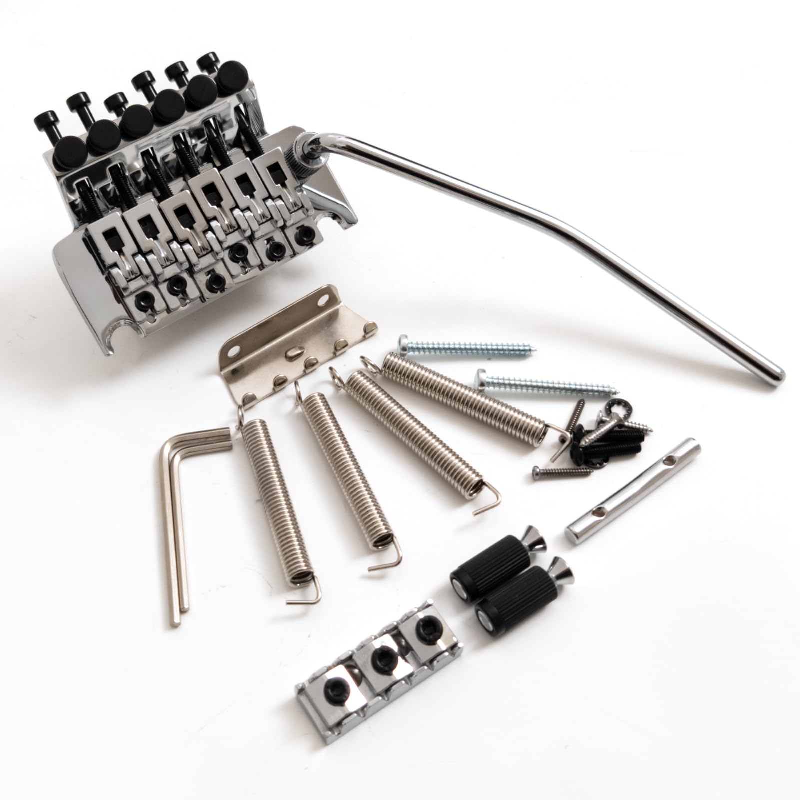 Linkshänder-Tremolo-Brückensystem mit Doppelverriegelung und 42 mm Sicherungsmutter, 34 mm massiver Messing-Block, schwimmendes Gitarren-Tremolo-Brücken-Set, Feinstimmer (Chrom)