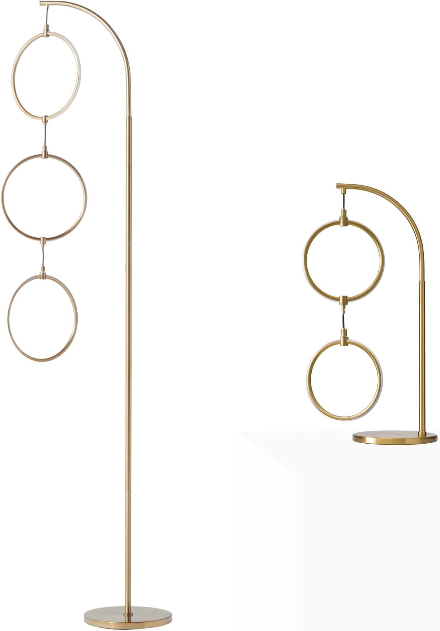 Brightech Nova Modern Floor Lamp matching Nova Table Lamp Set - Contemporary Arc Tall Lamp with 3-Circle Ring-Style Pendant - Arching Pole - Eclectic Tall Lamp Matches Living Room Décor - Gold