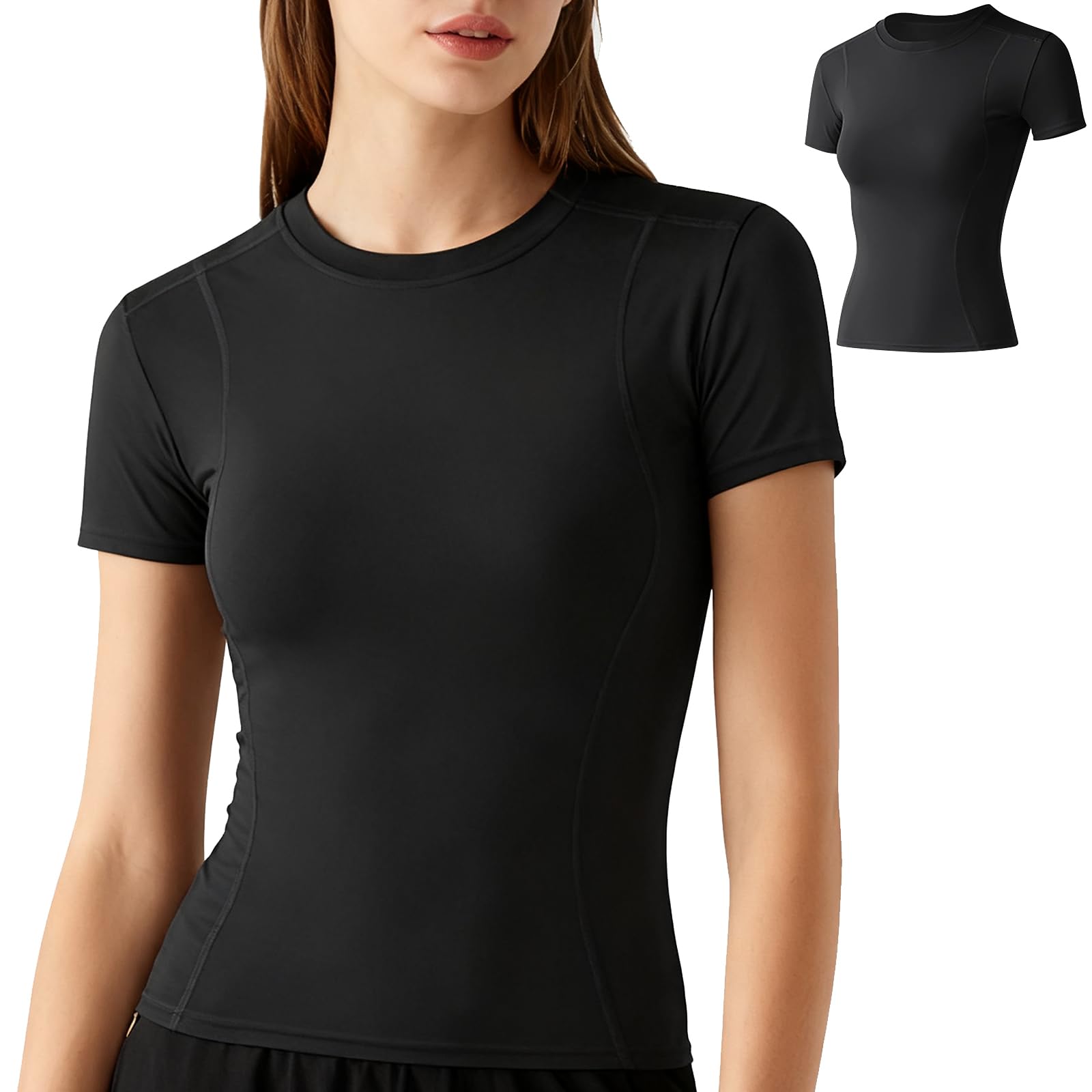 Women Workout Tops Women's Short Sleeve Shirts, Ladies Running Athletic Tees Seamless Breathable, Soft Lady Sports Gym Running Yoga Compression T-Shirts Slim Fit, Black