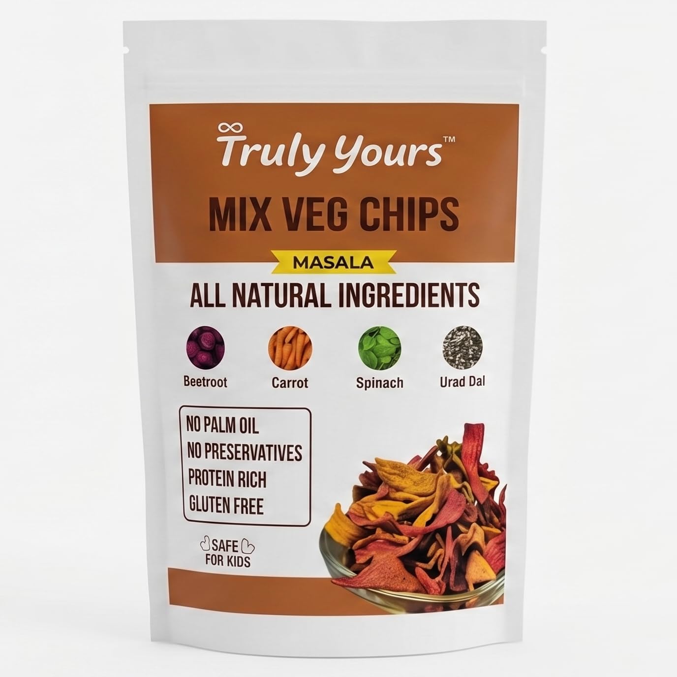 Truly Yours Mix Veg Chips Masala | Healthy Vegetable Chips Snack Made with Beetroot, Carrot, Spinach & Methi Dana | Gluten Free | No Palm Oil | No Preservatives | Crunchy Kids & Tea Time Snack-image-33