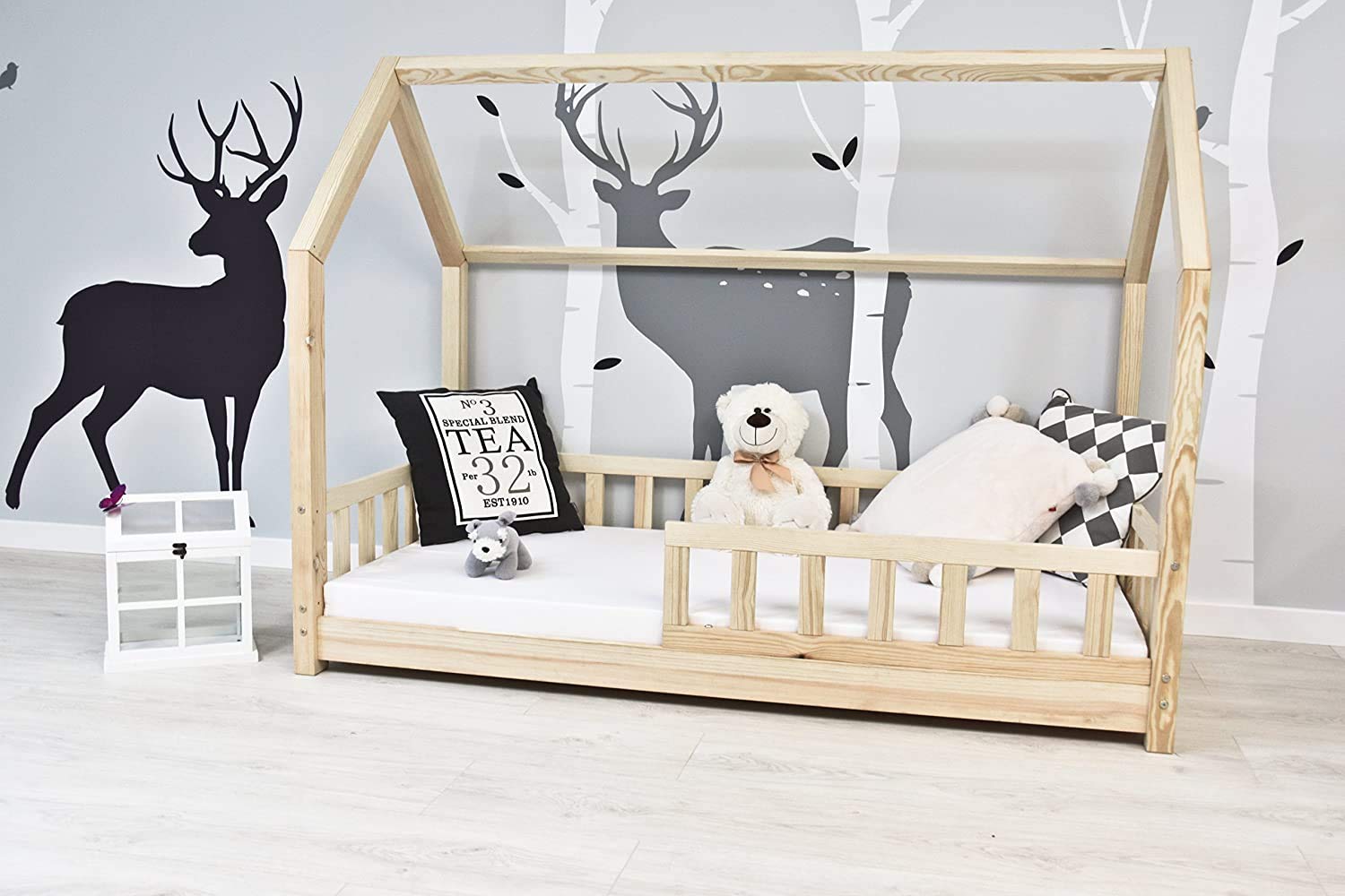 Lettino per bambini con protezione anti-caduta, in legno naturale, con o senza materasso da 10 cm, (80 x 180 cm, senza materasso)