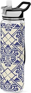 Qilmy Navy Blue Floral Water Bottle with Straw Lid, 32 oz BPA Free Clear Plastic Sport Water Bottle for Gym, Hiking, Travel, School