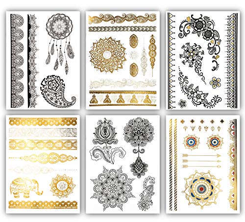 Terra Tattoos Gold Black Metallic Temporary Tats 50+ Vintage Designs Flowers, Elephants, Bracelets Waterproof Nontoxic Lasting Perfect for Beach, Festivals, & more!
