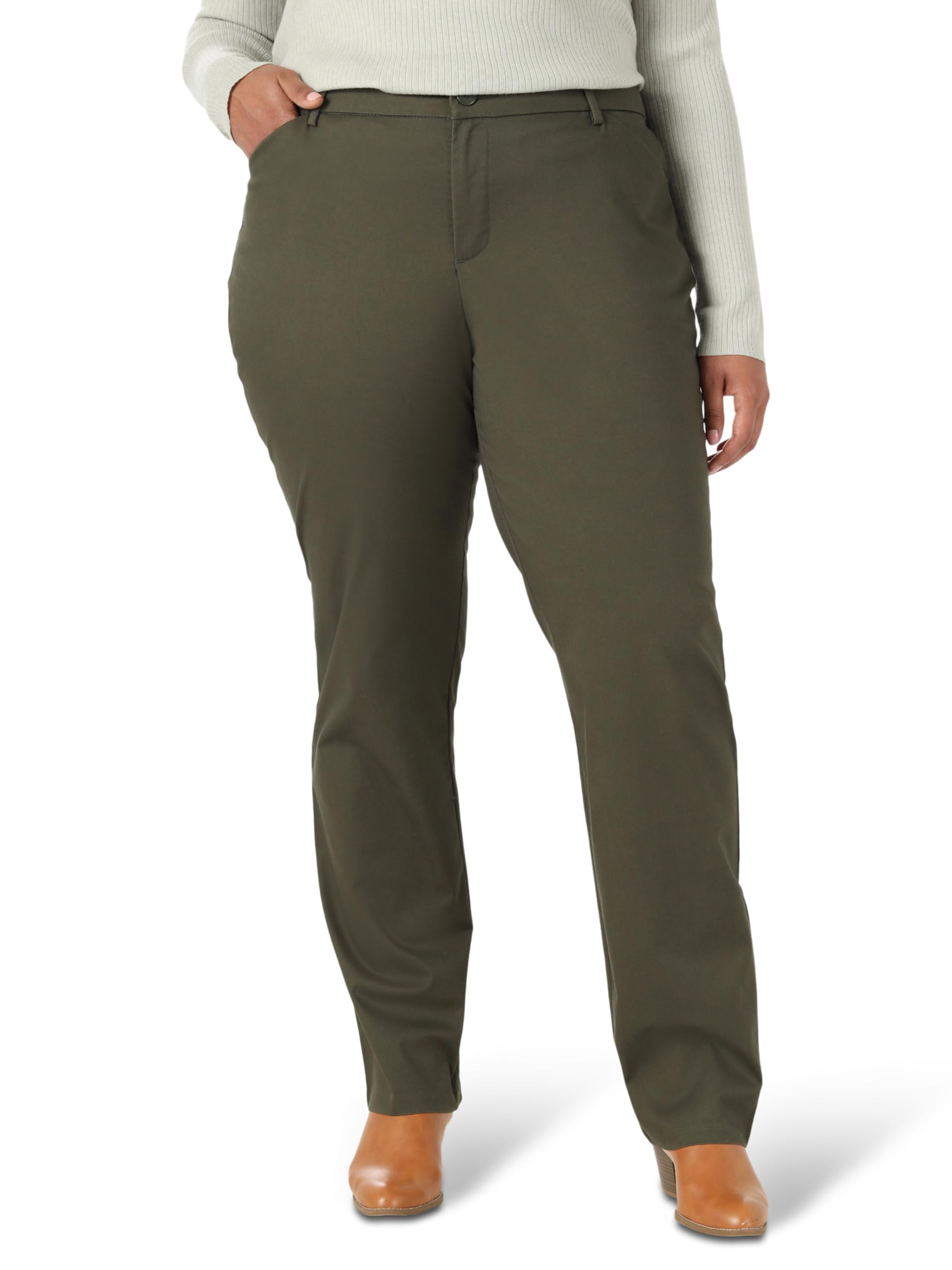 Lee Women's Plus Size Wrinkle Free Relaxed Fit Straight Leg Pant, Frontier Olive, 22 Long