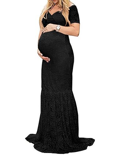 ZIUMUDY Womens Off Shoulder Short Sleeve V Neck Lace Maternity