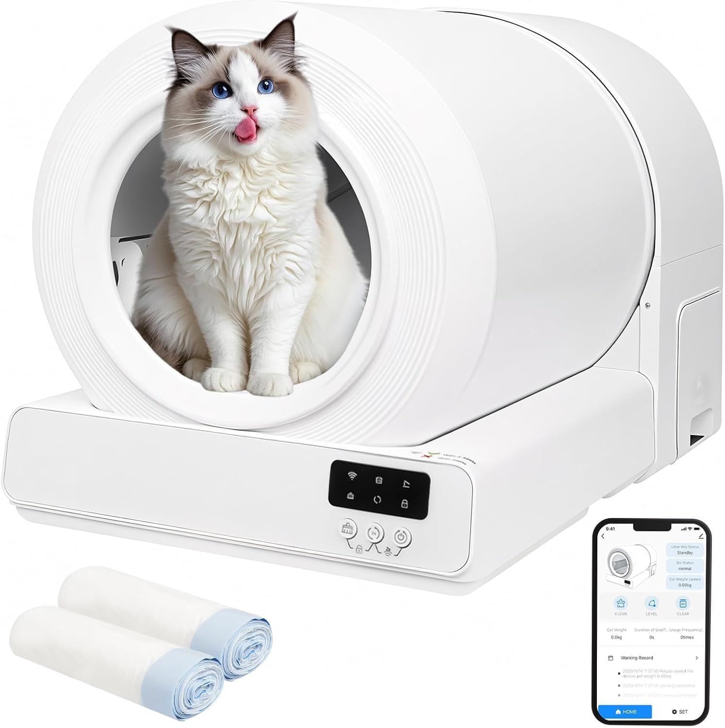 Self Cleaning Cat Litter Tray 85L, APP Controlled Automatic Litter Box with 9 Safety Sensors,Odorless, Extra Large Smart Robot Tray with Mat and 2 Rolls Litter Bag