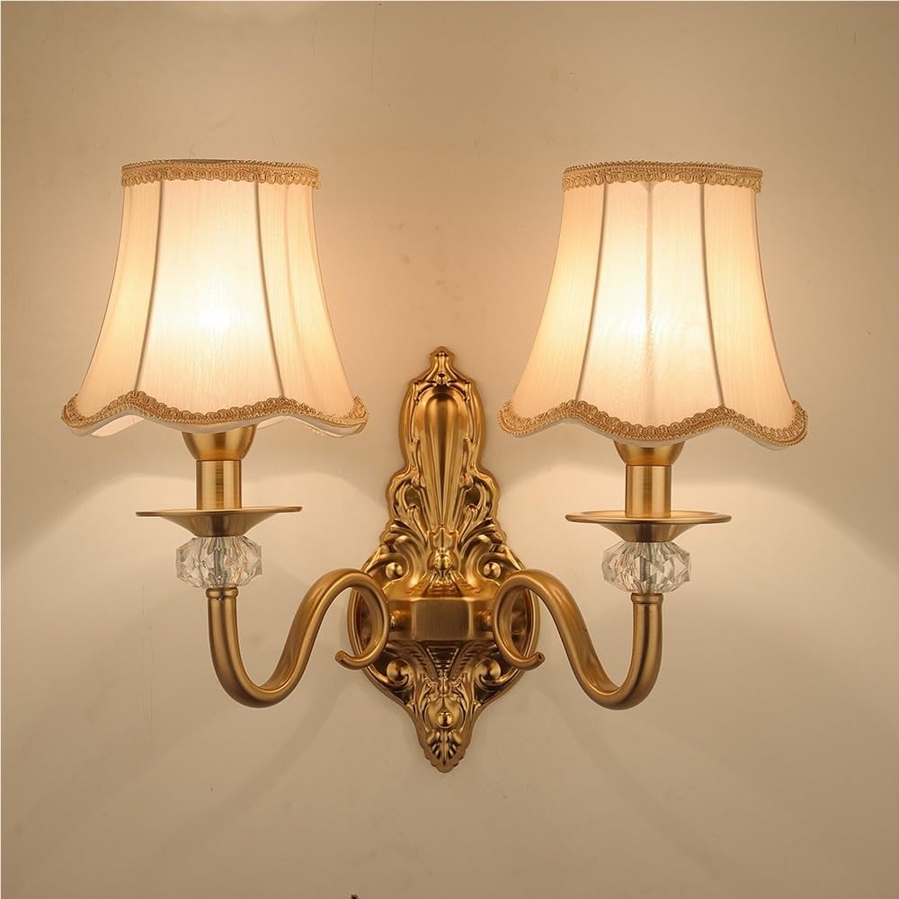 LYOUAE European Retro Indoor Wall Lamp Mid Century Metal Wall Sconce Bedroom Hallway Wall Mounted Lamp with Fabric Shade for Bedroom Living Room Hallway(Double Head)