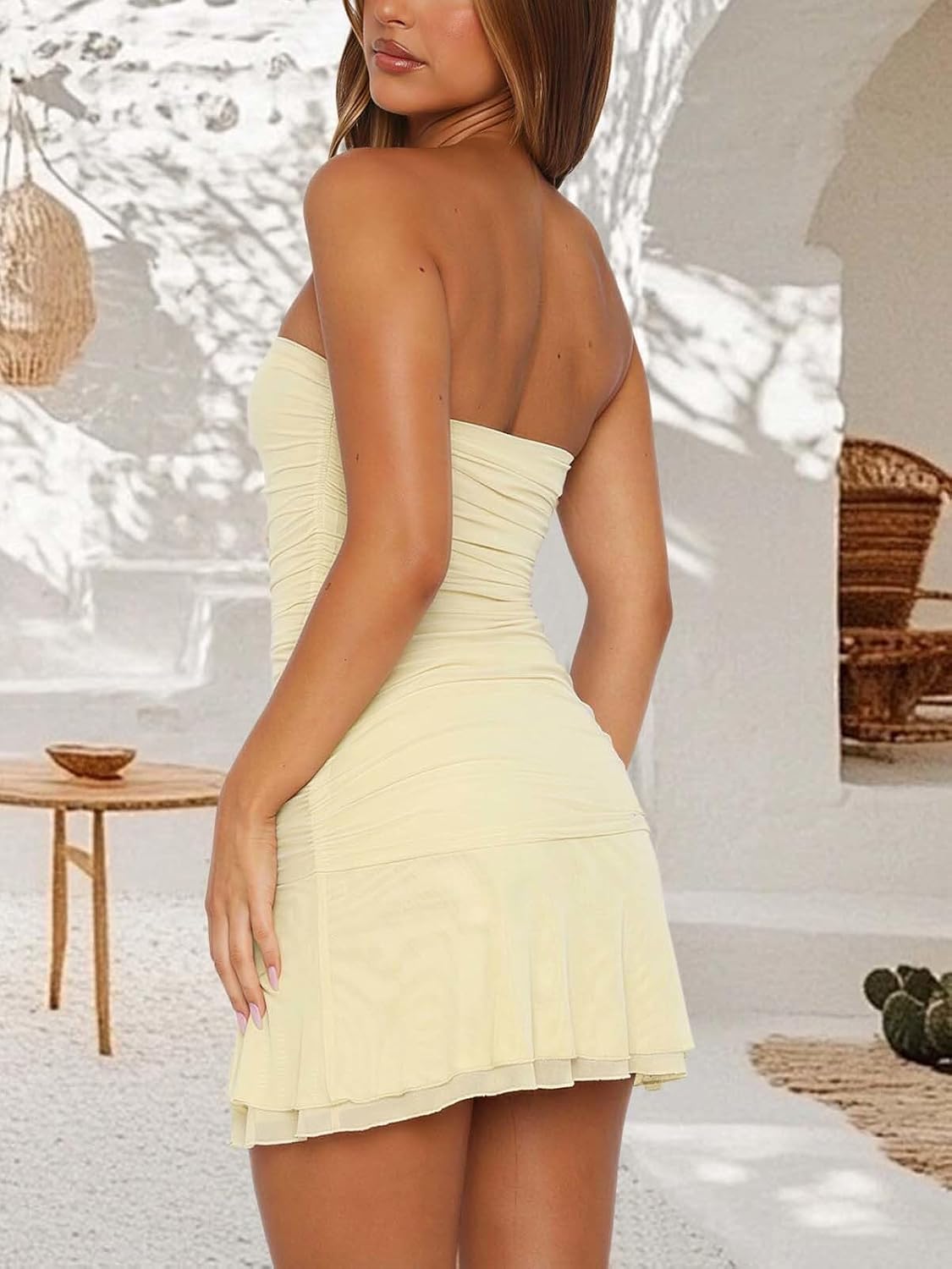 Women Summer Strapless Tube Mini Dress Sexy Backless Slit Ruffle Hem Party Short Dresses for Cocktail Date Night