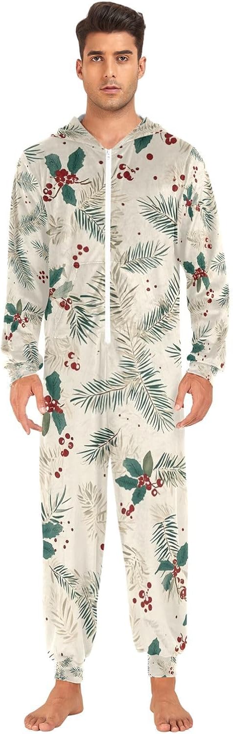 Green Pine Branches Berries Xmas Adult Onesie Pajamas for Unisex Novelty One Piece Costume Sleepwear