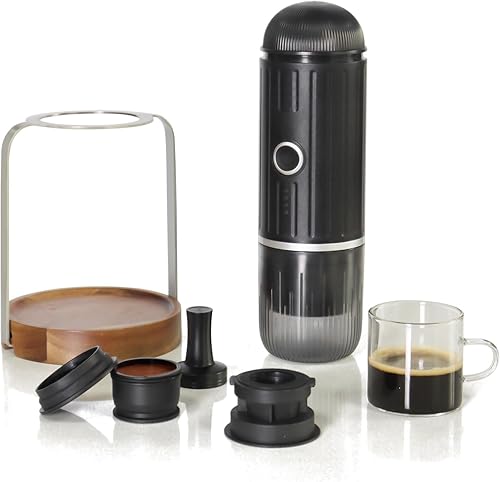 Cafetera espresso portátil, cafetera de viaje para campamento, cafetera eléctrica 2 en 1 con autocalentamiento, USB-C, café molido y cápsulas (NS y