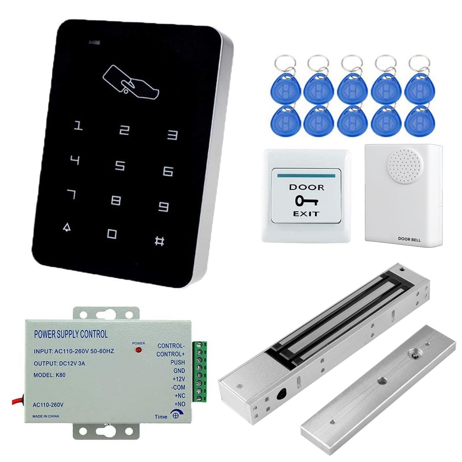 YAVIS Kompletter Zutrittskontroll-Tastatursatz 125KHz EM ID RFID Näherungskartenleser, 280KG/600LBS wasserdichtes elektromagnetisches Schloss NC, Netzteil 110-240V 3A, Türklingel, Taste, Schlüssel