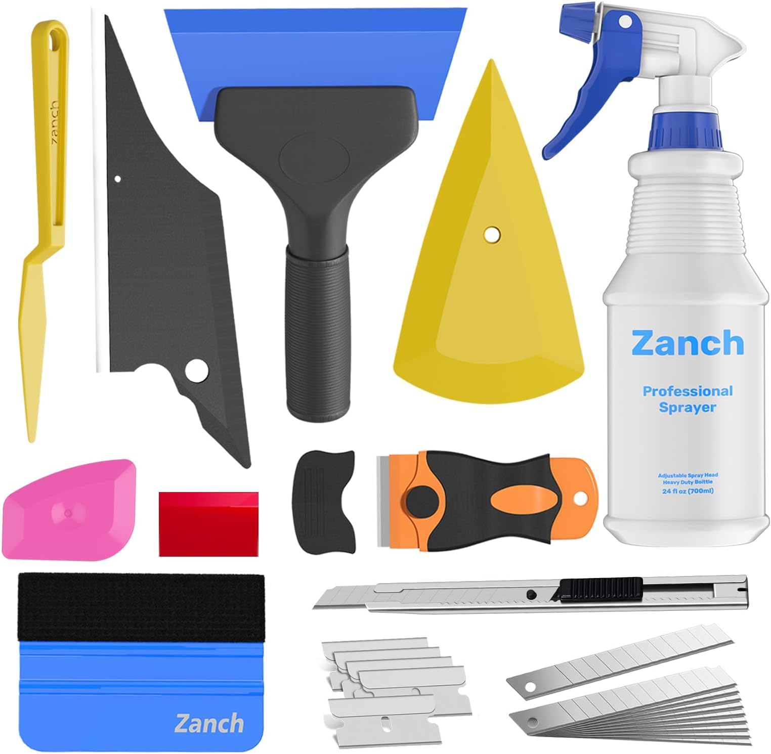 【25-in-1】 Zanch Car Window Tint Kit, Vehicle Glass Protective Film Installing Tool, Includes Spray Bottle, Squeegees and Knife for Home and Car Glass Protective Film Installation