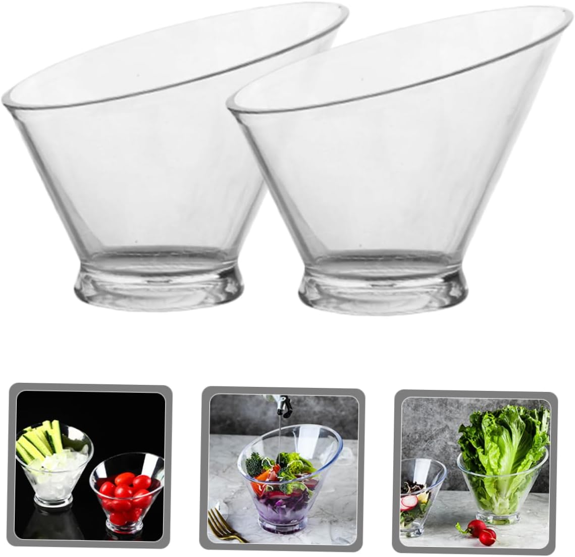 2pcs Clear Angled Serving Bowls Portable Salad Snack Bowls for Parties Non-skid Design for Vegetables Fruits and Desserts