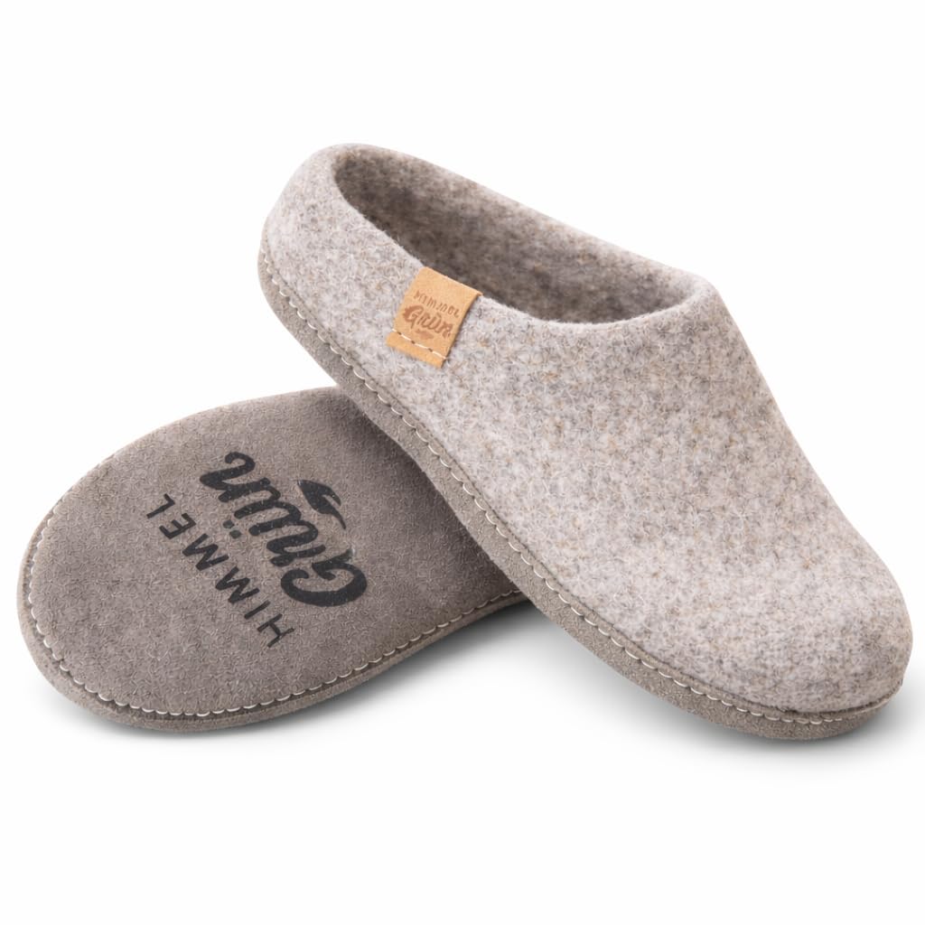 HIMMELGRÜN® FAIR TRADE, Bio Filzpatschen Grau, bequeme Hausschuhe oder Hüttenschuhe - langlebige Ledersohle - extra warm und weich, schweissregulierende Schafwolle - Größe: 35-45 (EU: 41/42, Natur)