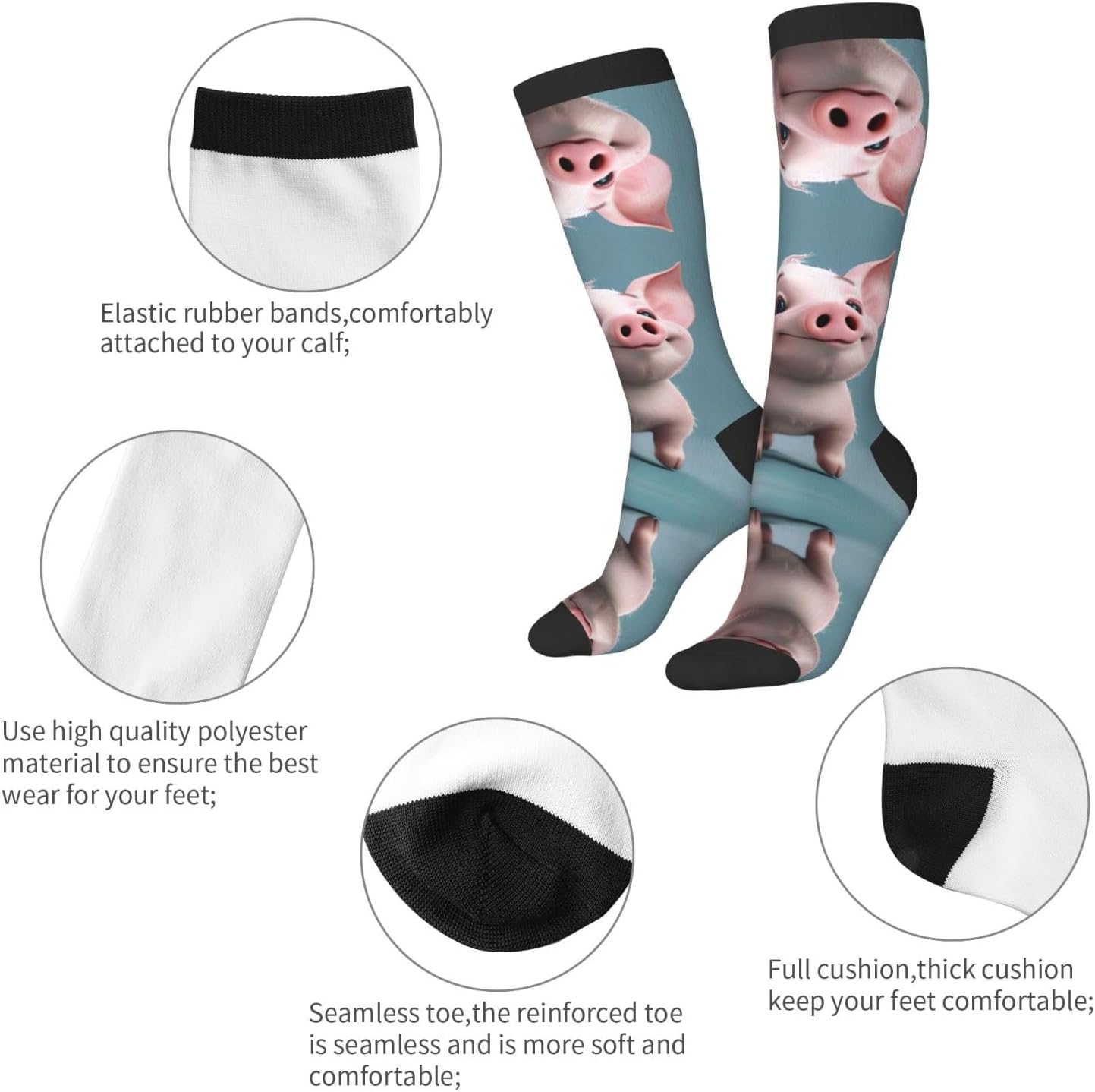 Pig Print Breathable Crew Neck Athletic High Socks,Suitable For Sports,Running,And Travel.